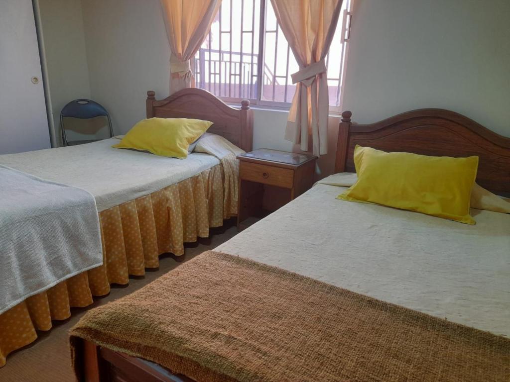 a bedroom with two beds with yellow pillows and a window at Casa Jardin Alameda in Curicó