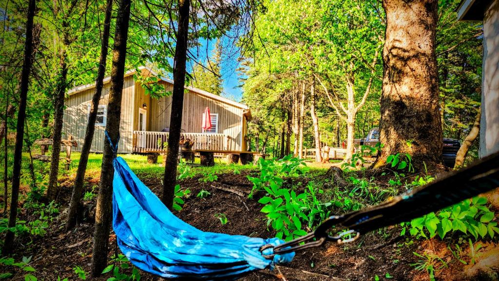 a blue hammock in front of a log cabin at Chalet Labonté in Mont-Tremblant