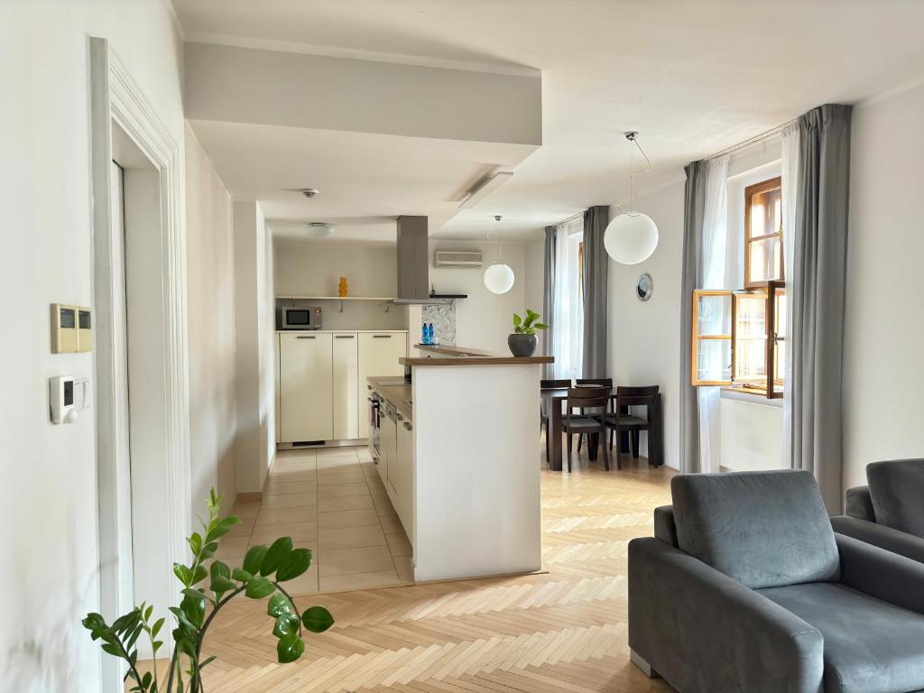 a kitchen and living room with a couch and a table at Rezidence Ostrovní in Prague