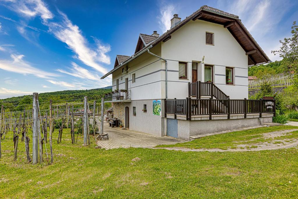 Dragatuš的住宿－Vineyard Homestead Vrtin - Happy Rentals，带阳台的白色房屋和草地庭院