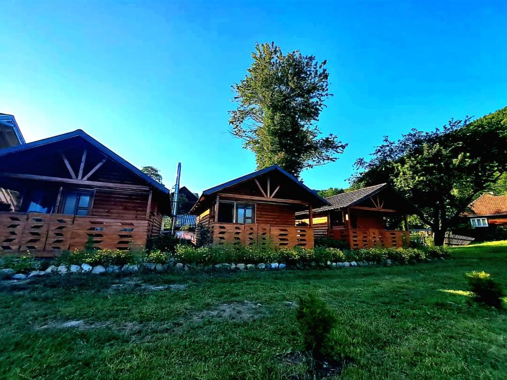una cabaña de madera con césped delante en Căsuțele Camping AliMar, en Tîrsa