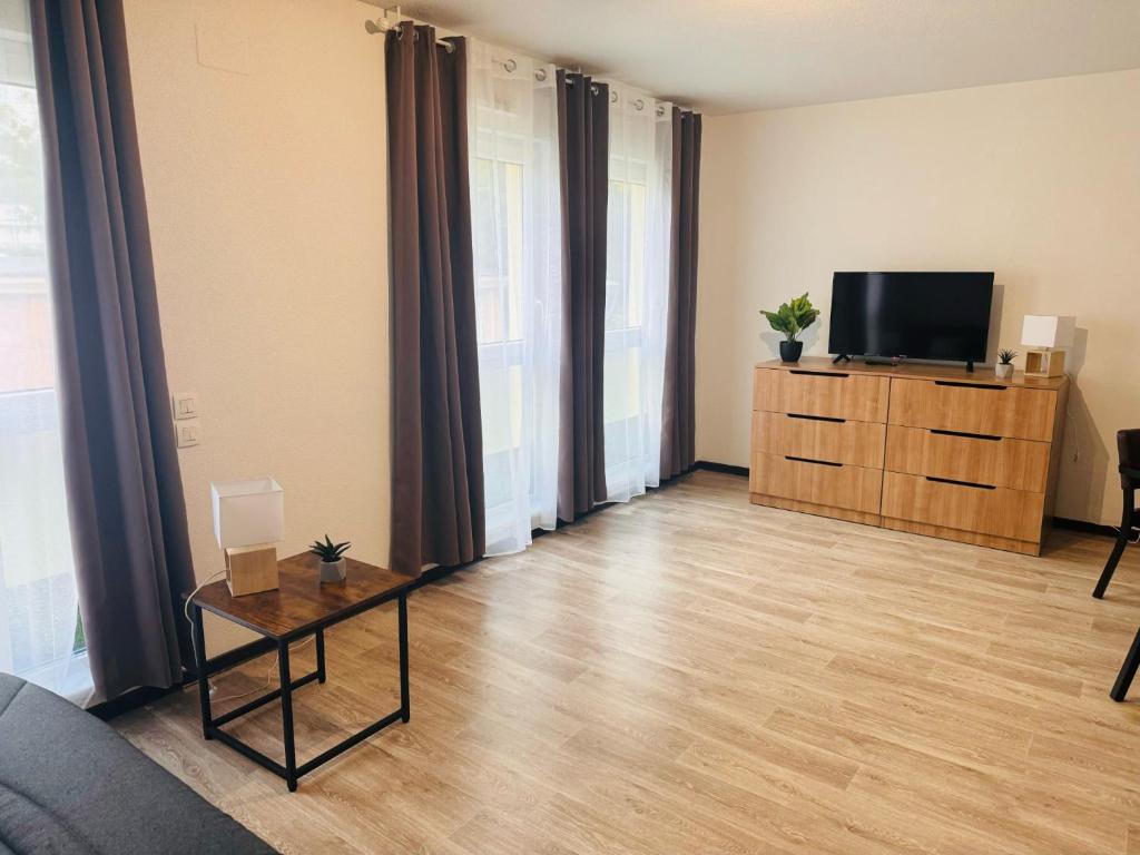 een woonkamer met een televisie en een houten vloer bij KOSY Appart'Hôtel 7ème Art in Saint-Avold