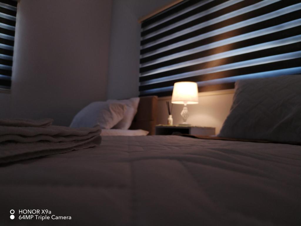 um quarto com uma cama com um candeeiro e uma janela em Seleucia DaR Umm Qais em Um Qeis