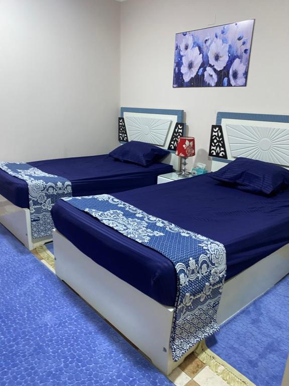 2 camas en una habitación de color azul y blanco en Cozy Nile view apartment en Asiut