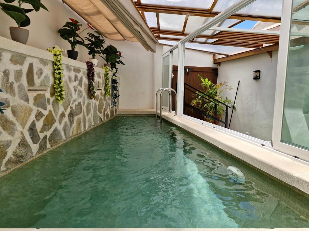 une piscine intérieure d'eau verte dans une maison dans l'établissement Palacito de la Rubia, à Chinchón