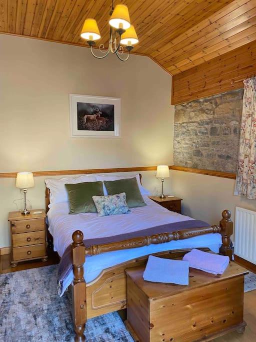 a bedroom with a bed with two night stands and two lamps at Derryvree Farm Cottage in Maguires Bridge