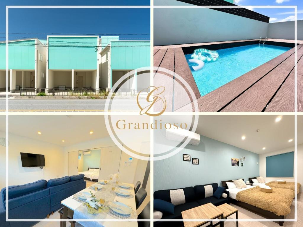 kolaż zdjęć salonu i basenu w obiekcie Grandioso Okinawa Villa Kin 2 - Vacation STAY 90150v w mieście Yaka