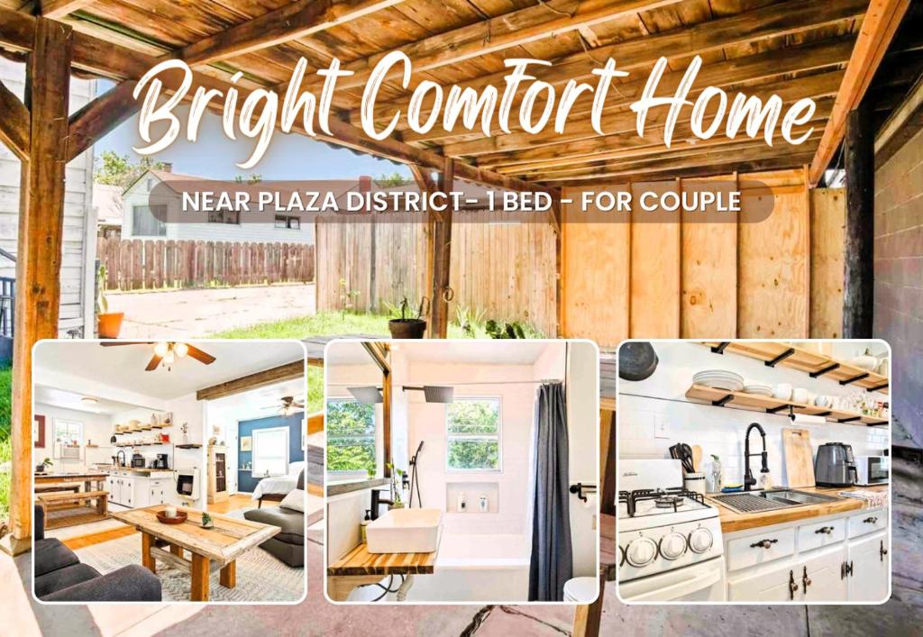 un collage de fotos de una cocina y una casa confort con porche en Stylish Farmhouse Retreat I 6 Min To Plaza Dist, en Oklahoma City