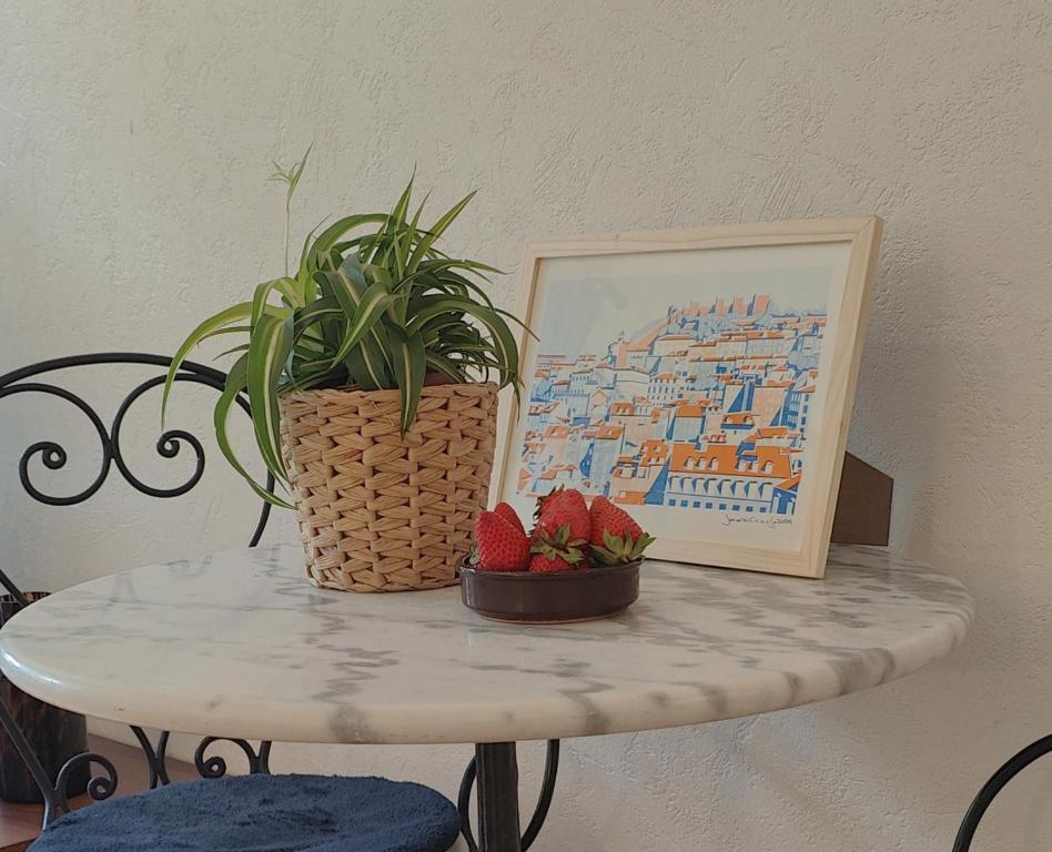 une table avec une plante en pot et des fraises dessus dans l'établissement Your lovely parisian 2 rooms apartment with private terrace - Jourdain, à Paris