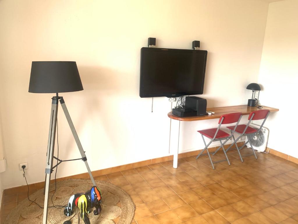 a room with a television and a table and a lamp at Bel appartement situé idéalement in Schœlcher