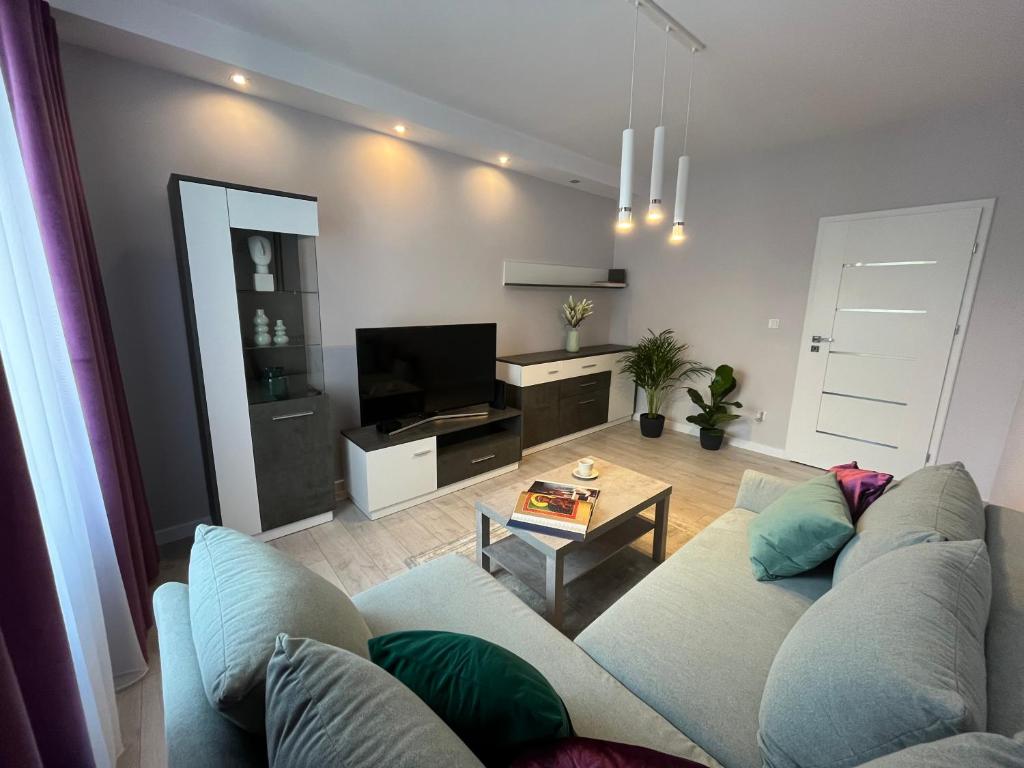 a living room with a couch and a tv at Apartament Sunrise in Częstochowa