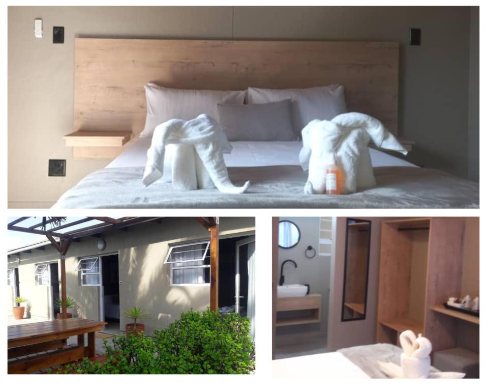 two pictures of a bed with an elephant made out of towels at The Mole Guesthouse in Swakopmund