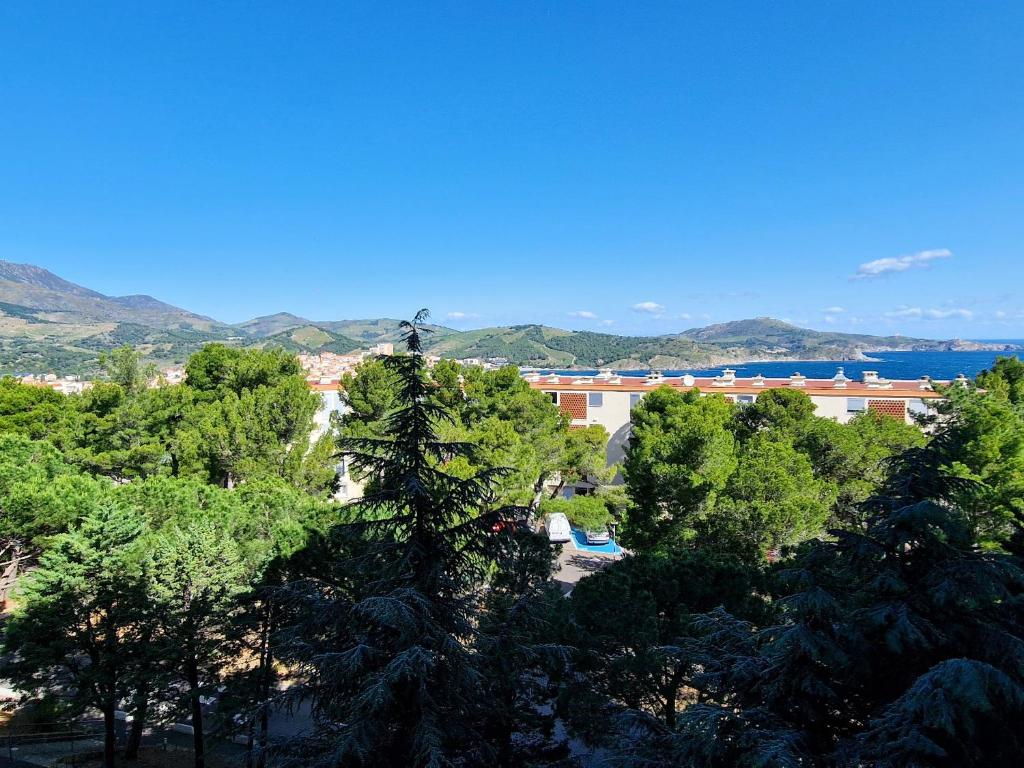 un groupe d'arbres devant un bâtiment dans l'établissement Charmant T2 calme avec parking, ascenseur et loggia à Banyuls-sur-Mer - FR-1-309-12, à Banyuls-sur-Mer