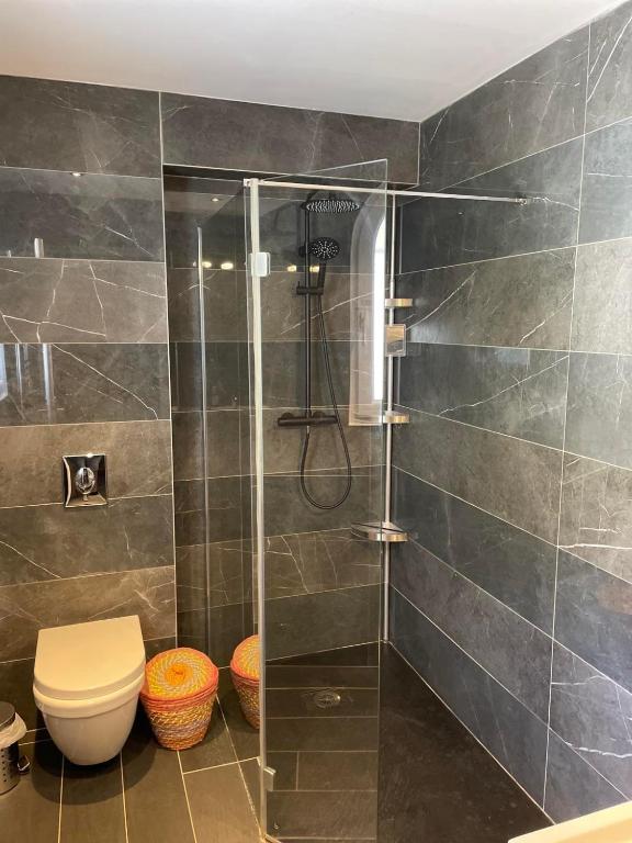 a bathroom with a shower and a toilet at Maxima Sunset in Sainte-Maxime