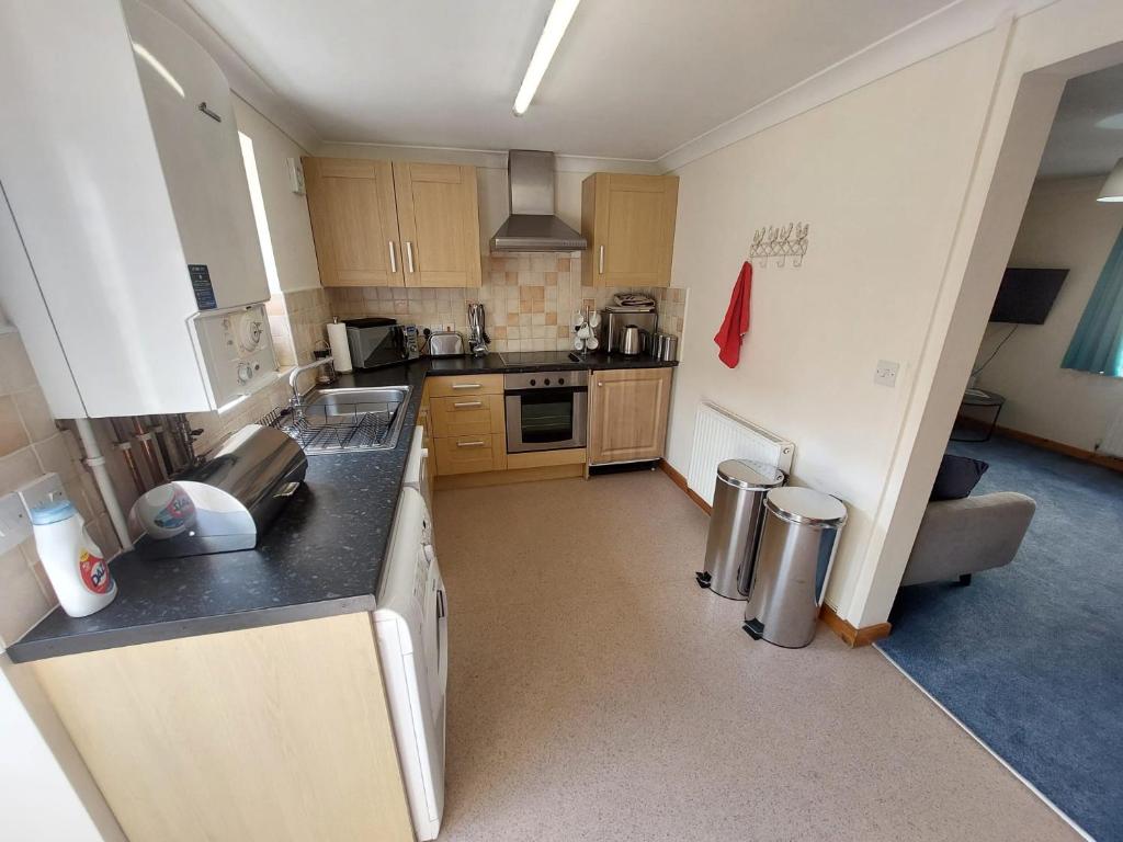 a kitchen with a sink and a counter top at Stunning seaside town cottage in Cardigan