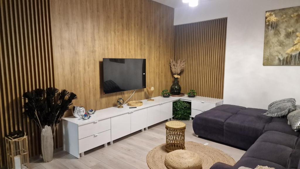 a living room with a couch and a flat screen tv at Appartment Chindia Lake in Târgovişte