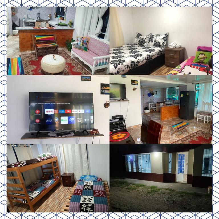 a collage of four pictures of a room at Casa Puente de Boyaca in Tunja
