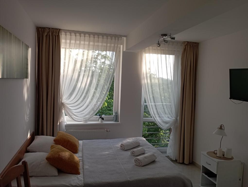 sypialnia z łóżkiem i dużym oknem w obiekcie Apartament Sea Planet Mielno Centrum - parking w cenie pobytu w mieście Mielno