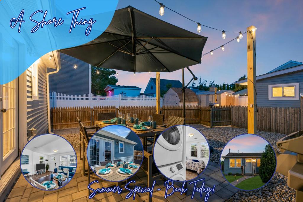 a patio with a table and chairs and an umbrella at Highly Rated Beach House 3 5 Blocks from the Beach in Belmar