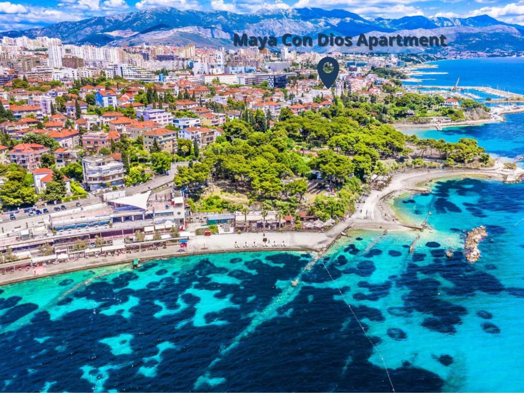 an aerial view of a city and the ocean at Maya Con Dios Apartment in Split
