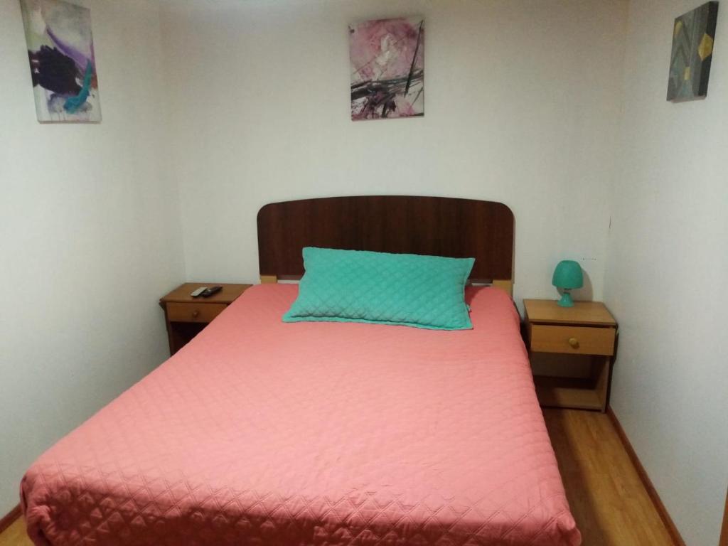 uma cama com uma colcha rosa e uma almofada azul em Cabaña florencia em Coquimbo