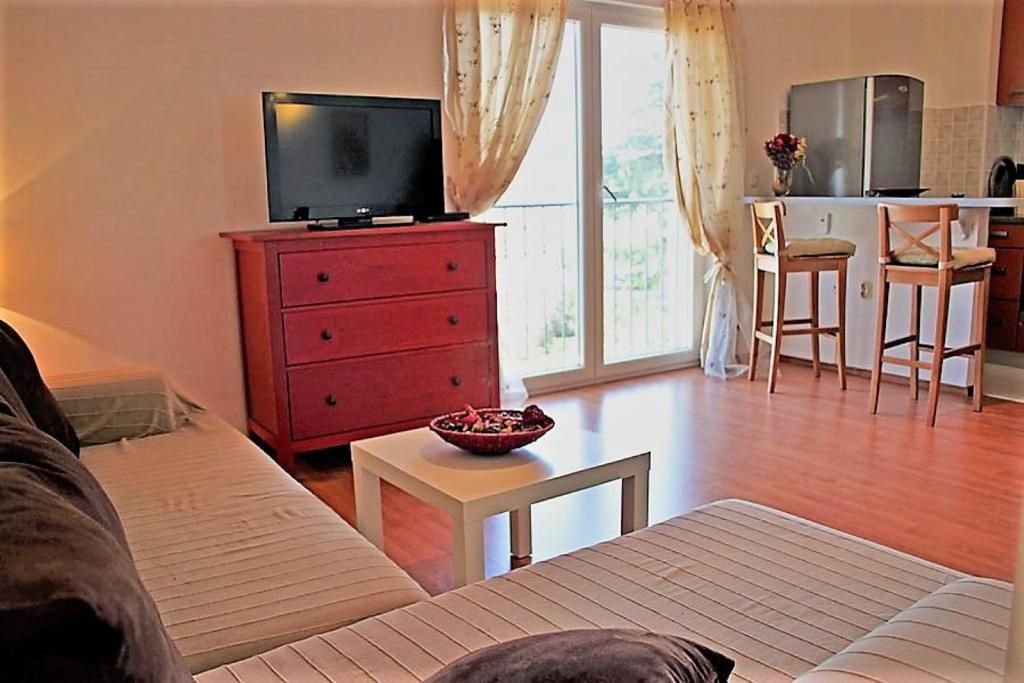 salon z kanapą i telewizorem oraz kuchnia w obiekcie Apartment San Elena w Rovinj