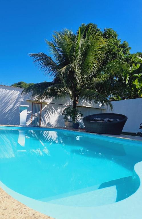 a palm tree sitting next to a blue swimming pool at Casa por do Sol amarelo in Araruama