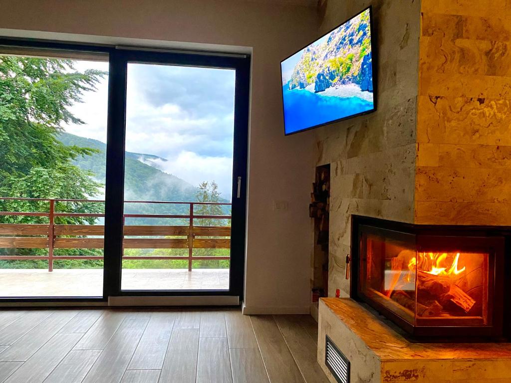 sala de estar con chimenea y TV de pantalla plana en Stone House Sinaia, en Sinaia