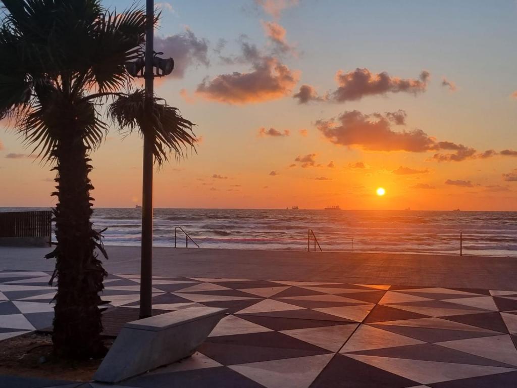 una puesta de sol en la playa con una palmera en studio by the sea, en Ashdod