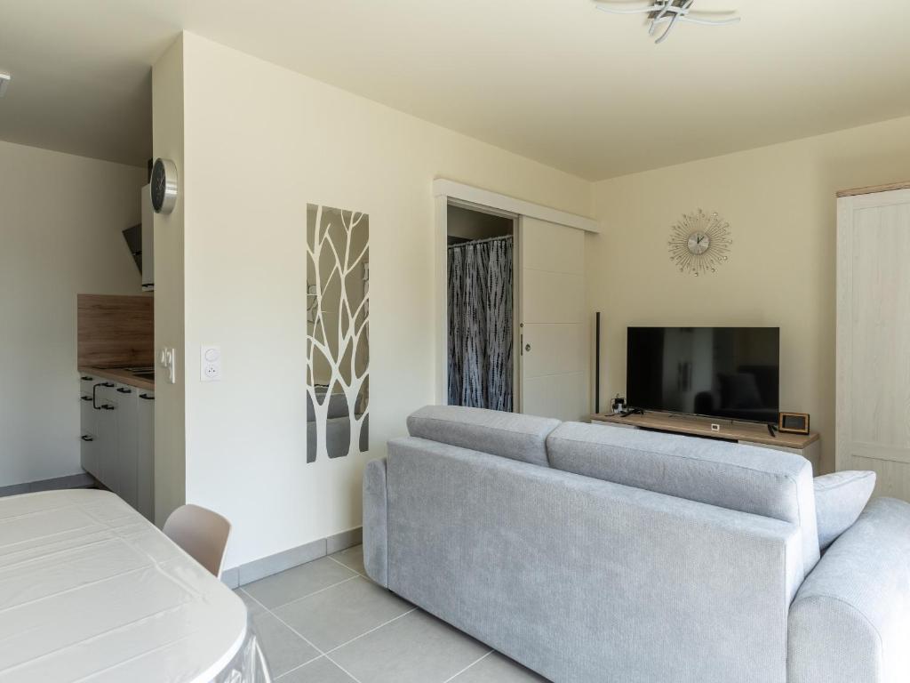 un salon avec un canapé et une télévision dans l'établissement Bel appartement neuf à Mimizan Plage, 400m de l'océan, 2 étoiles, 4 pers, parking, balcon, tout équipé - FR-1-50-136, à Mimizan