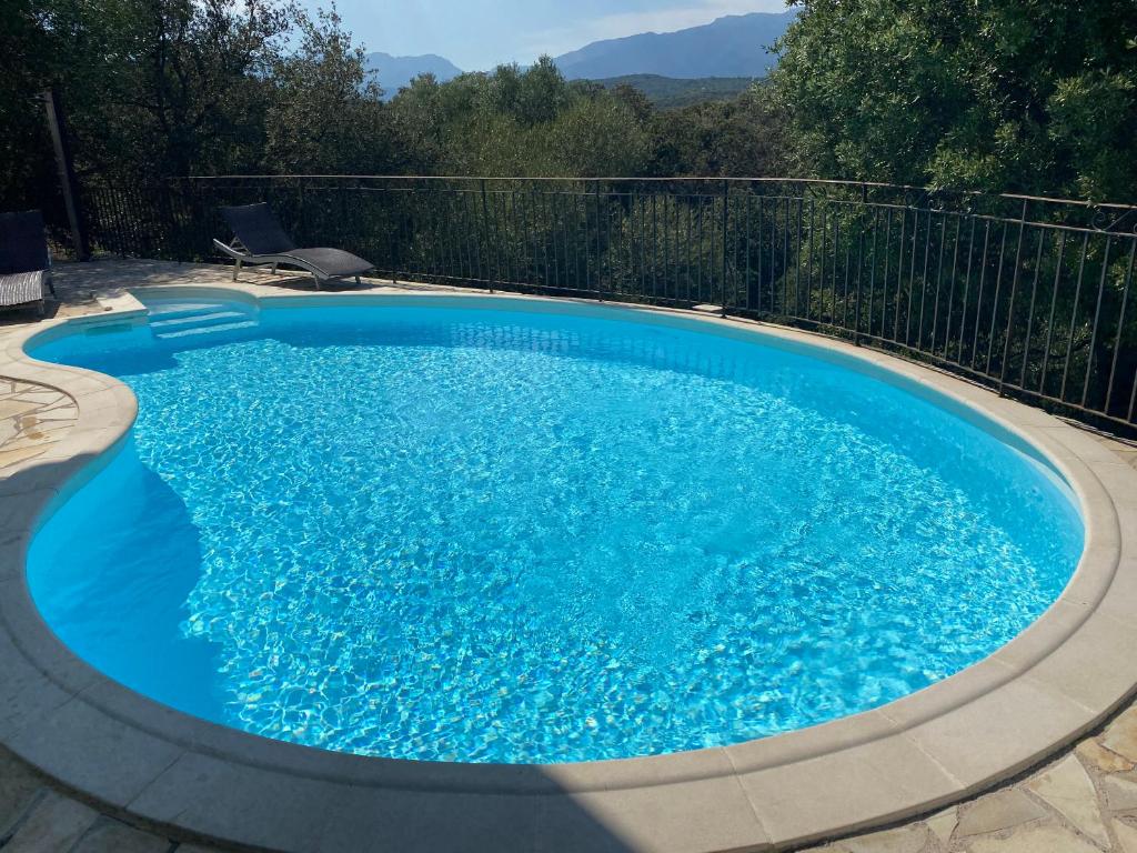 a large blue swimming pool in a yard at BAVELA in Porto-Vecchio