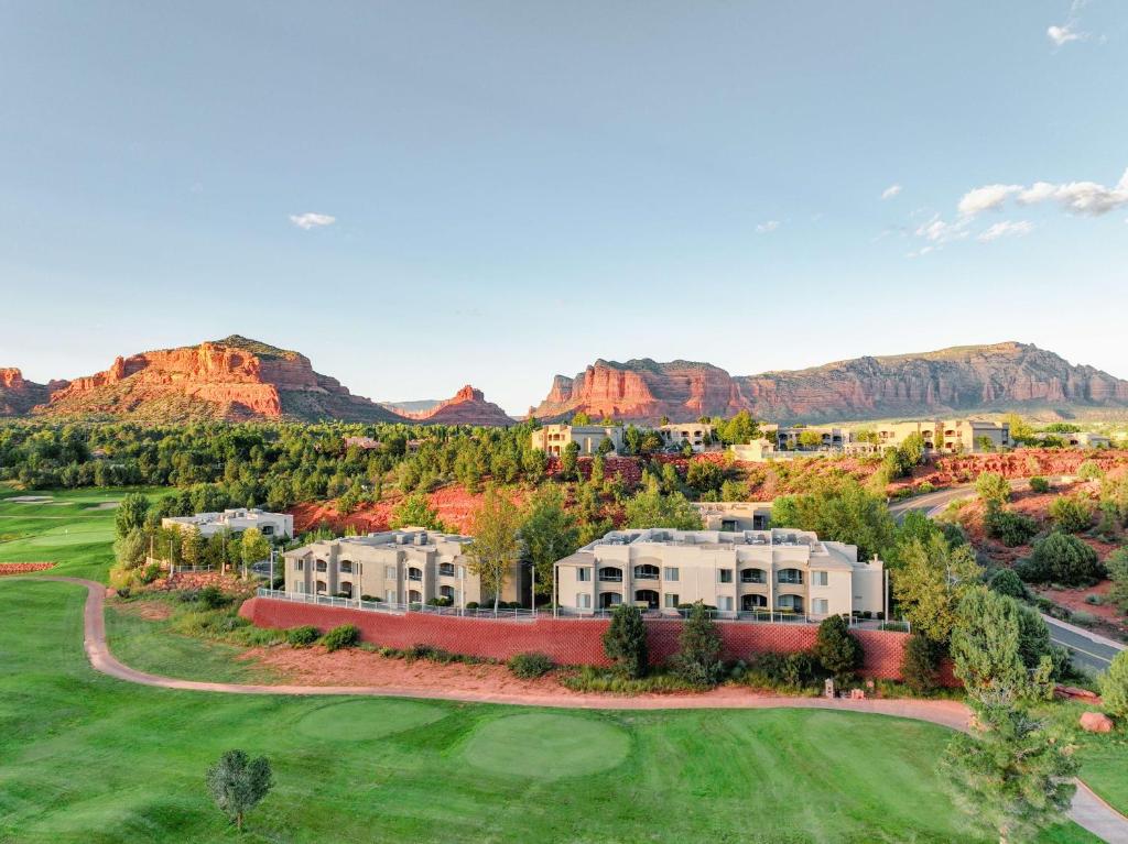 an aerial view of a resort with mountains in the background at Hilton Vacation Club Ridge on Sedona in Sedona