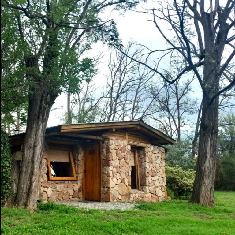 a small stone building in a field with two trees at Rincón Alto Cabañas in Nono
