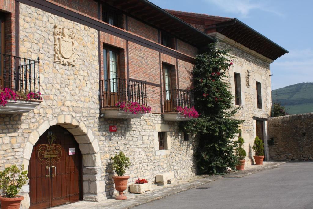 a stone building with potted plants and a wooden door at Hotel Casona Los Caballeros in Santillana del Mar