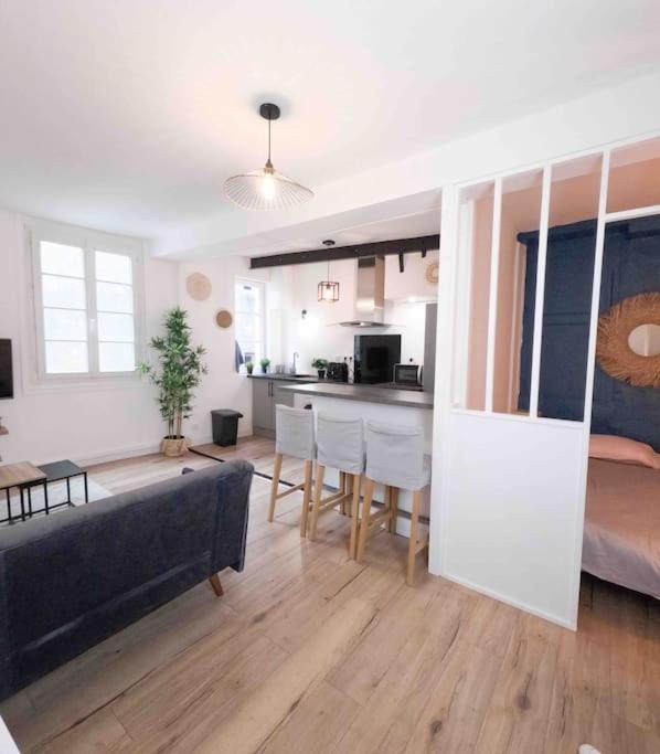 un salon avec un canapé et une salle à manger dans l'établissement Superbe appartement vieux port de La Rochelle EMPLACEMENT IDEAL WIFI, à La Rochelle