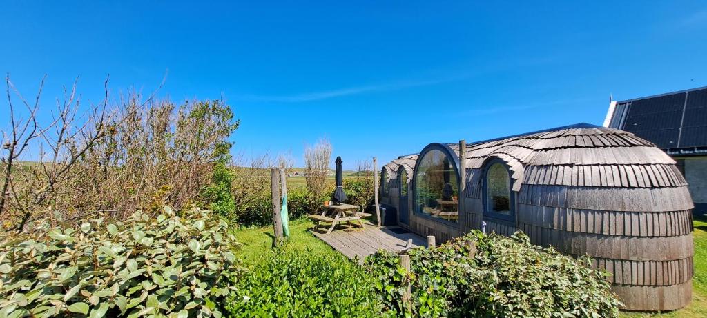 una gran cúpula invernadero en un jardín en Tiny House De Boet, in Natuurgebied en vlakbij het Strand, en Callantsoog