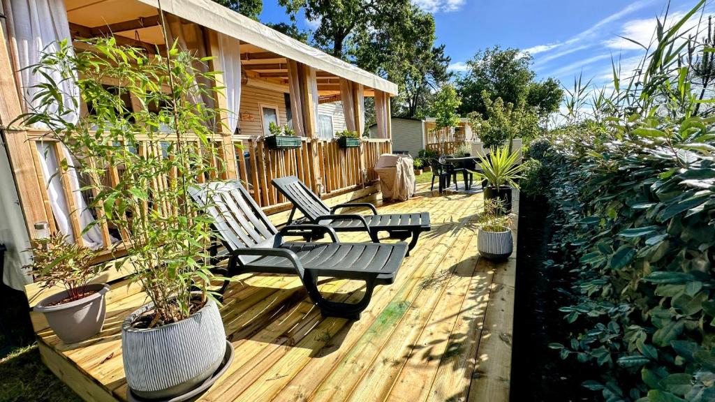une terrasse en bois avec deux chaises et des plantes en pot dans l'établissement Entre Terre et Mer, à Lège-Cap-Ferret