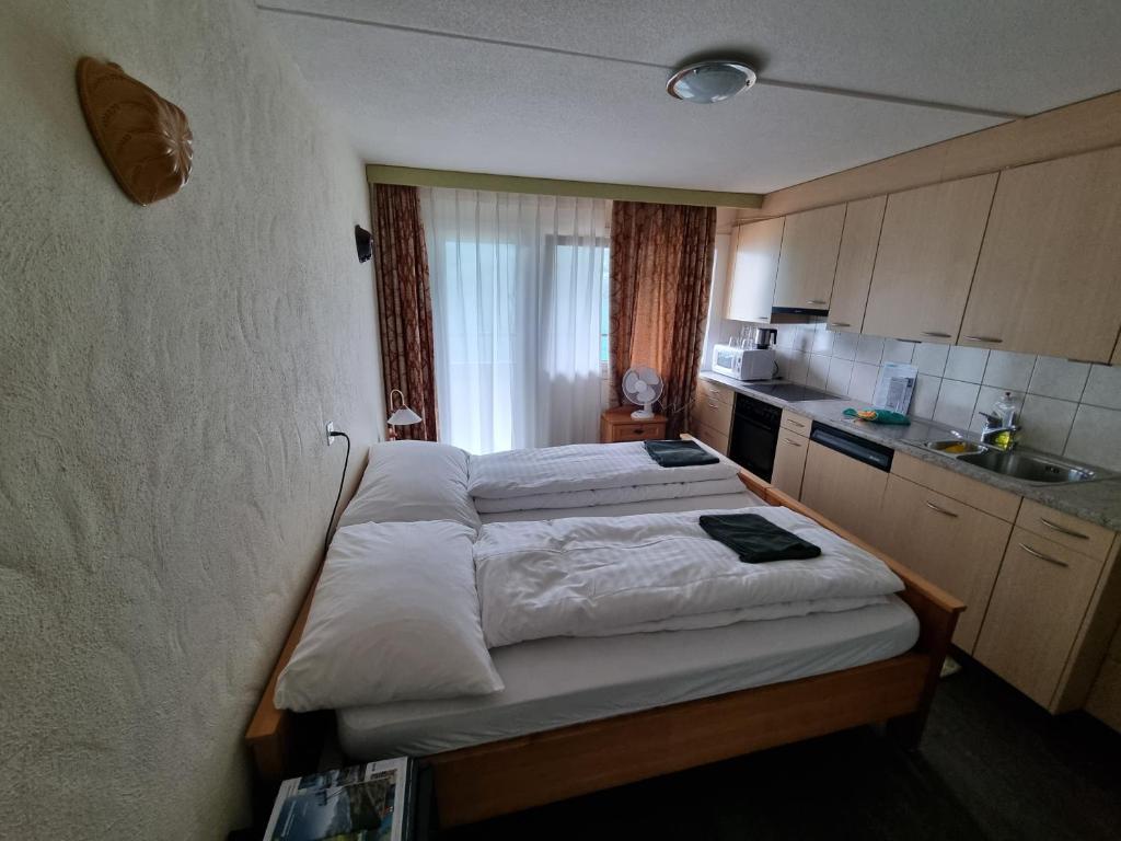 a small room with a bed and a kitchen at Hotel Lakeview bei Interlaken in Interlaken