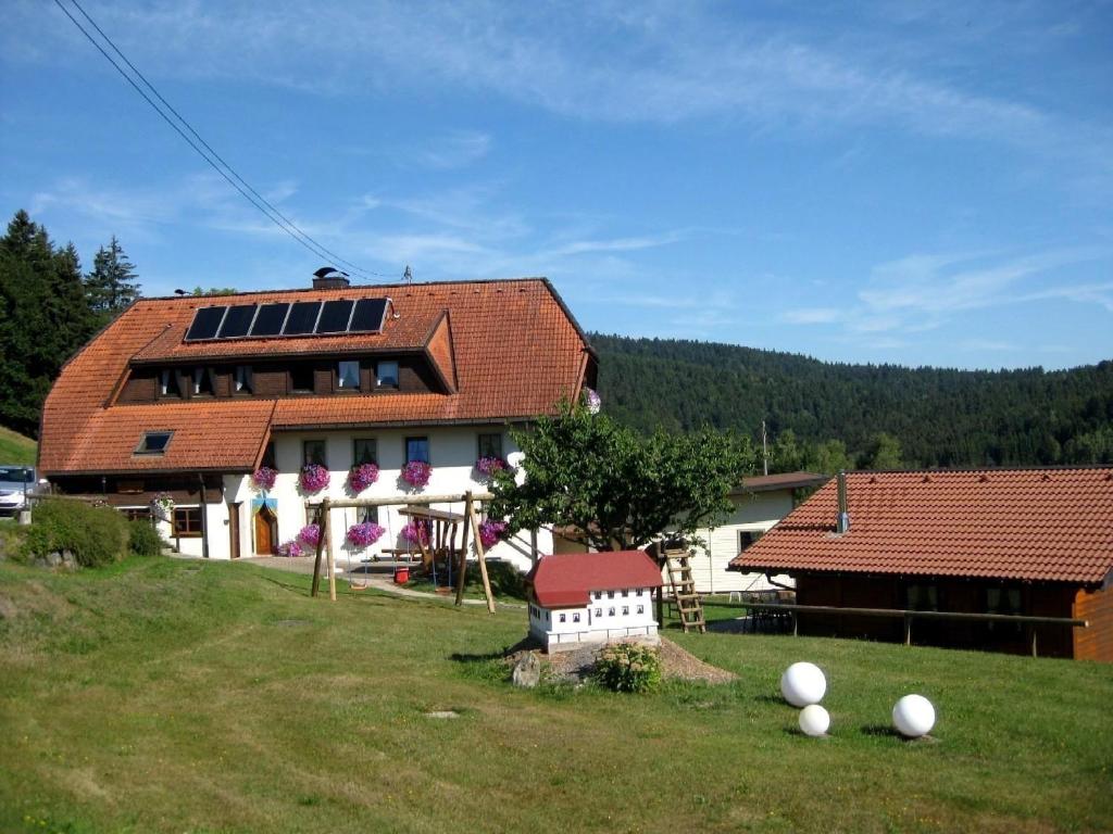 WittenschwandにあるWohnung in Wittenschwand mit Garten und Grill und Panoramablickの田地上の太陽光パネル付き家