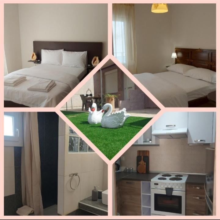 a collage of four pictures of a bedroom with two swans at Kaliopi HAUS in Nea Moudania