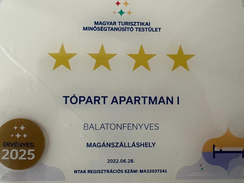 Certifikát, ocenenie alebo iný dokument vystavený v ubytovaní TópART Apartman I