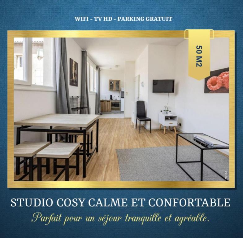 uma imagem de uma sala de estar com uma mesa e cadeiras em STUDIO COSY - HYPERCENTRE - CALME - 50M2 - Wi-FI em Graulhet