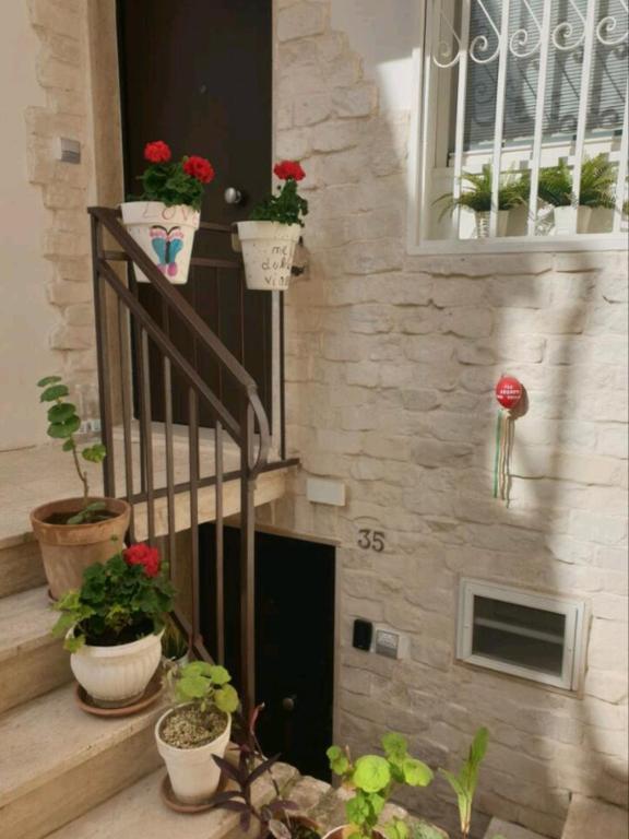 una escalera con macetas en el lateral de un edificio en Le segrete, en Sannicandro di Bari