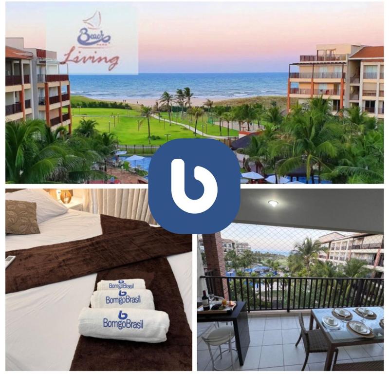 eine Collage mit Fotos eines Hotels und eines Resorts in der Unterkunft Beach Living, Frente mar, 400m do B Park com Restaurante e Toboagua in Aquiraz
