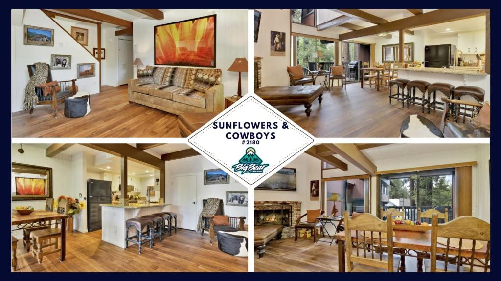 3 fotos de una sala de estar y comedor en 2180-Sunflowers and Cowboys home en Big Bear Lake