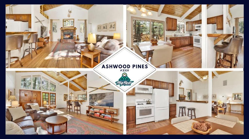 een collage van vier foto's van een woonkamer en keuken bij 2331-Ashwood Pines chalet in Big Bear Lake