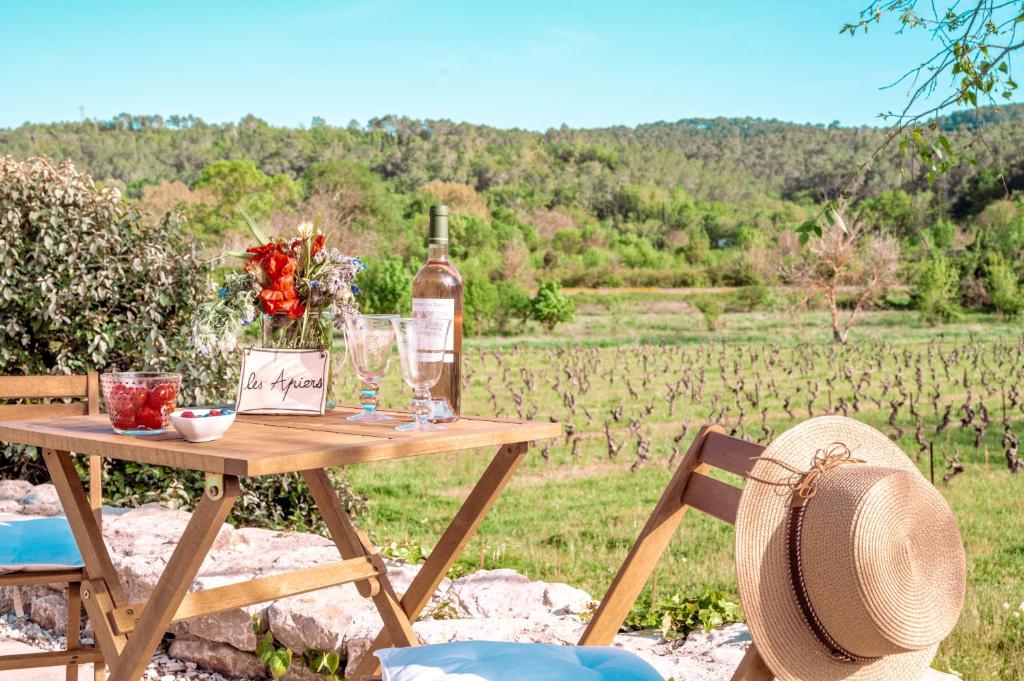 - une table de pique-nique avec une bouteille de vin et un chapeau dans l'établissement Les Apiers, chambre d'hôtes de charme à Carcès, à Carcès