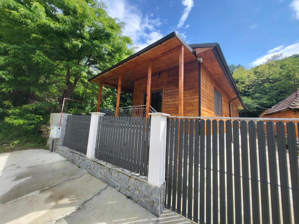 a wooden house with a fence in front of it at Cabana Beta in Călimăneşti
