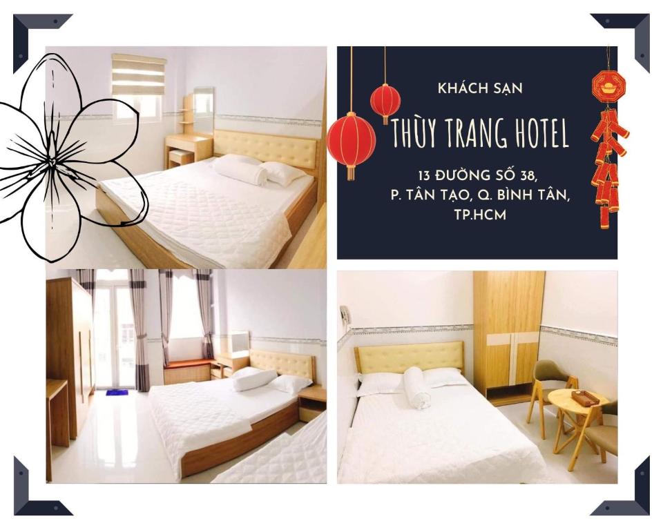 a collage of three pictures of a hotel room at Thuỳ Trang Hotel in Ho Chi Minh City