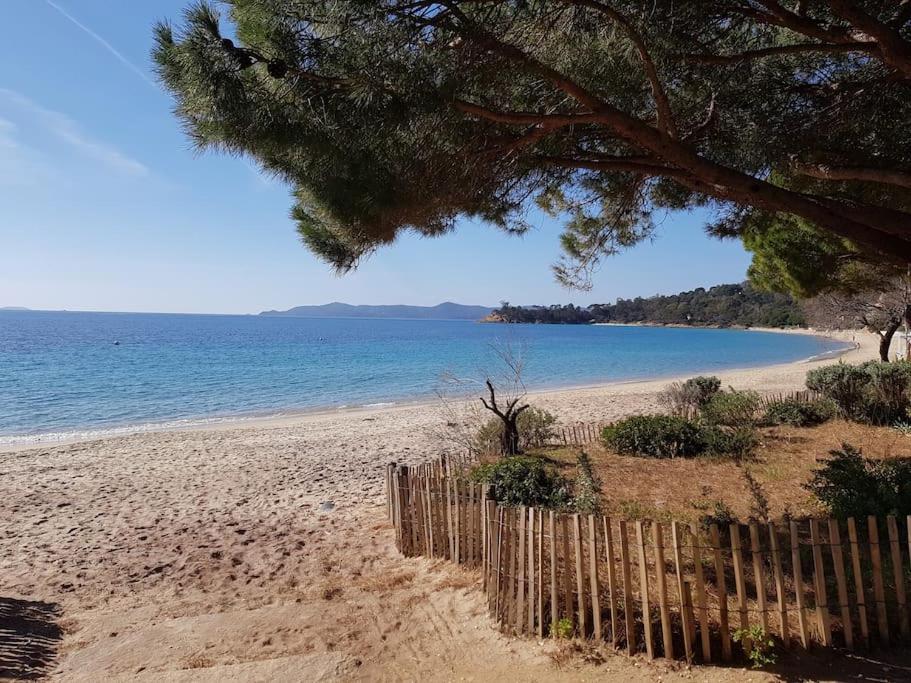 une plage de sable avec une clôture et l'océan dans l'établissement Chez Virginie et Laurent, au Lavandou